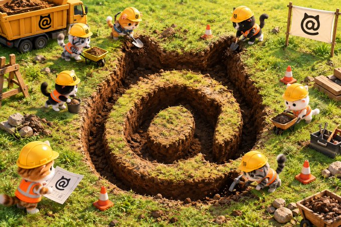 Construction crew of cats digging an @ symbol